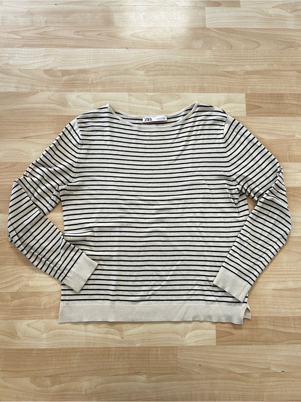 Zara Cream and Black Striped Boatneck Knit Top
